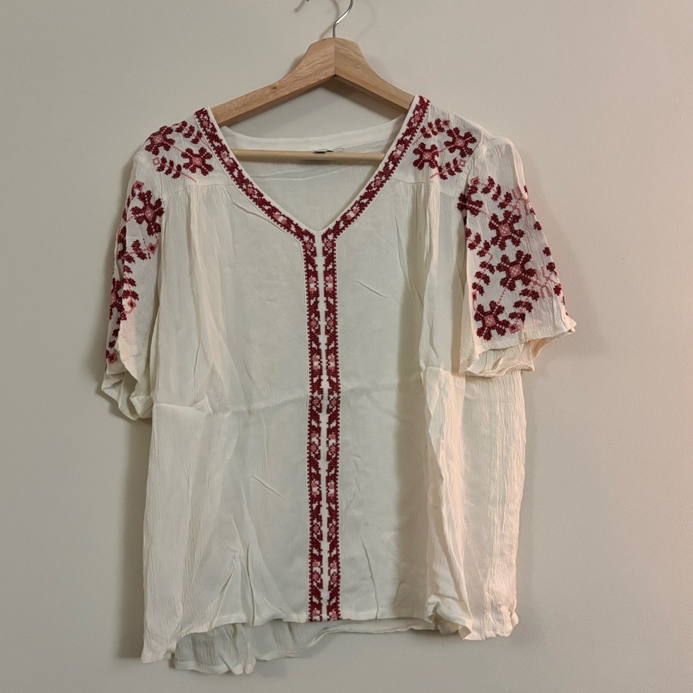 Lucky Brand Cream Blouse with Red Embroidery